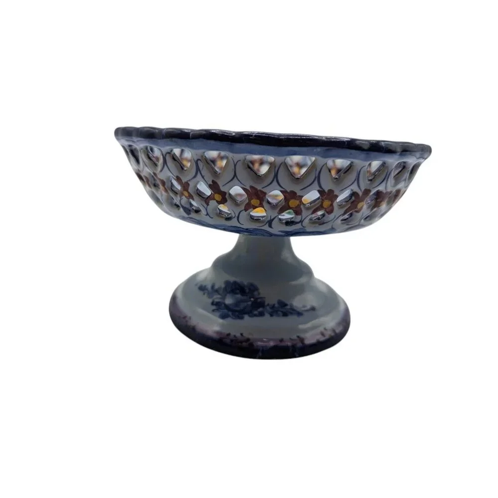 Handpainted Portugal Pottery Open Candy/Footed Compote/Footed Bowl READ